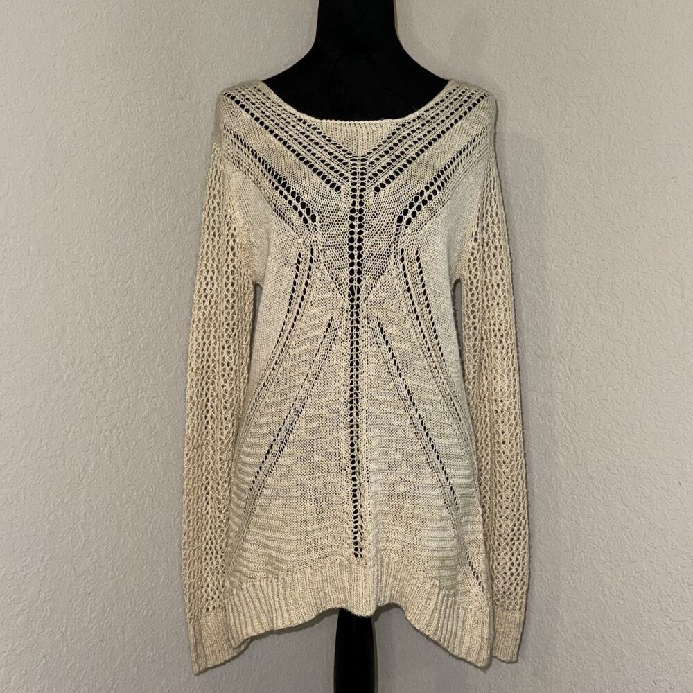 Vanity Womens Beige/Cream Loose Knit Long Sleeve Sweater Size Medium Boho Casual